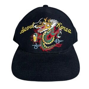 Vintage Seoul Korea Embroidered Dragon Snapback Hat Black Wool Blend One Size